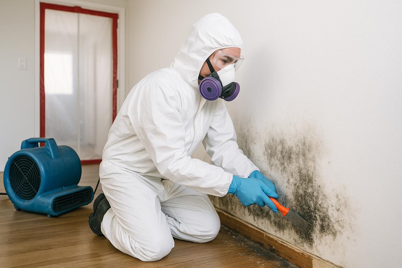 Restoration professional safely removing mold from an interior wall