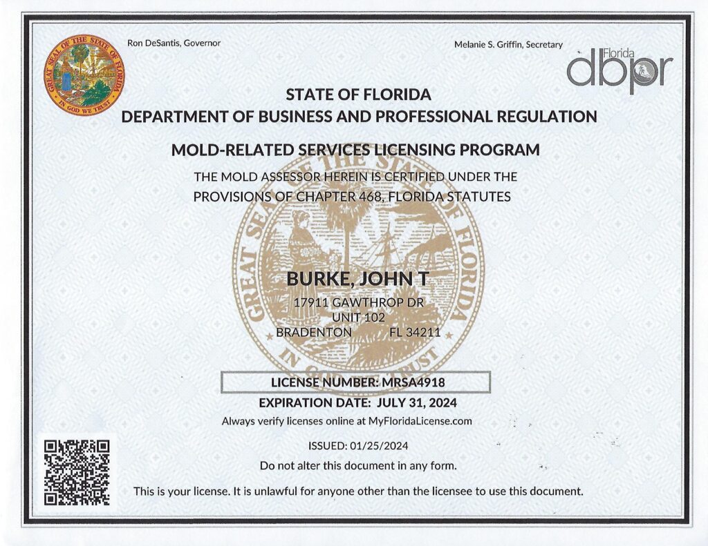 FL Mold Assessor License - Burke Environmental Services